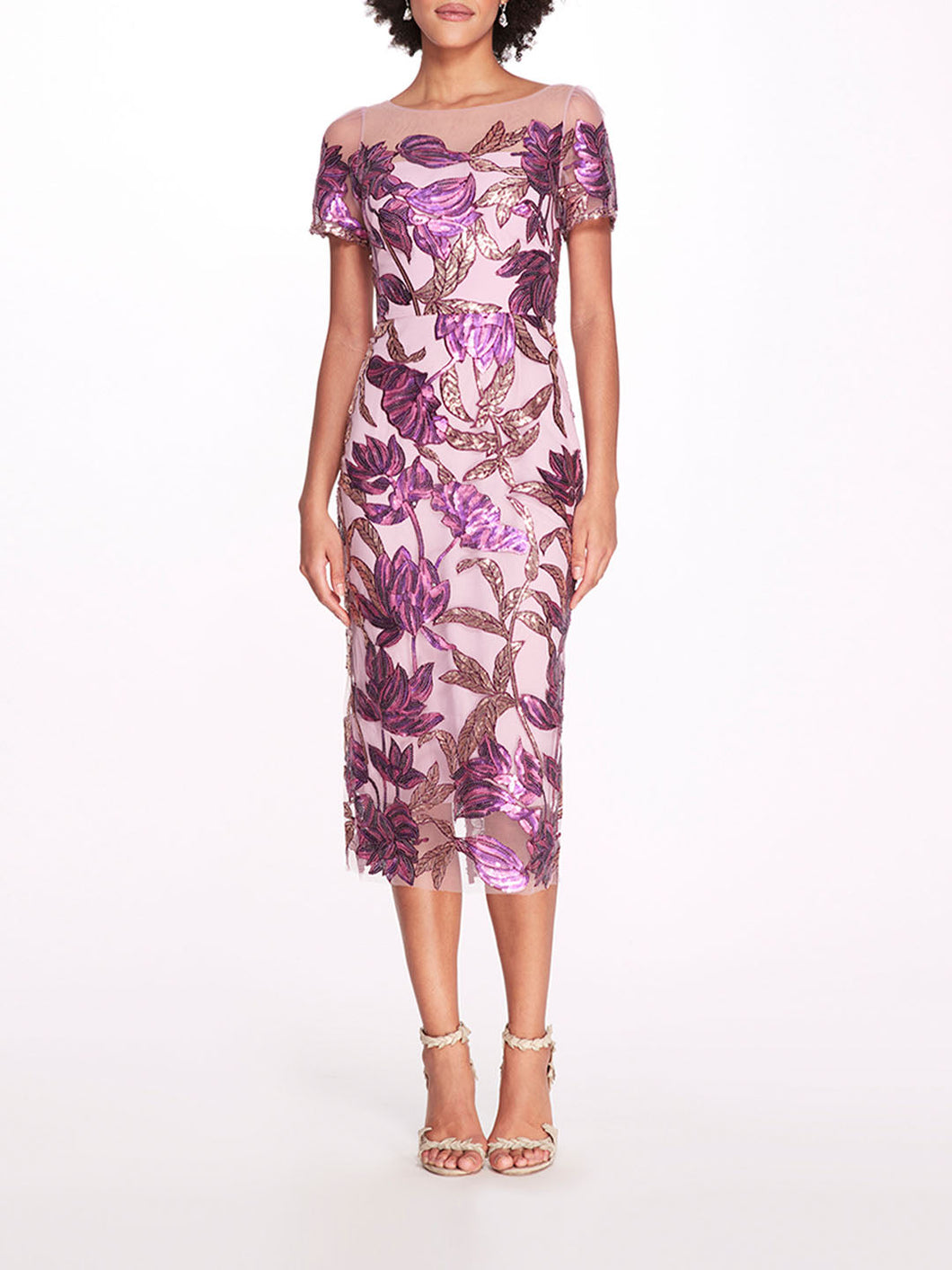 Lotus Sequin Cap-Sleeved Pencil Dress - Purple Mauve