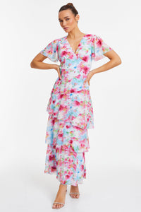 Chiffon Floral V-Neck Frill Maxi Dress