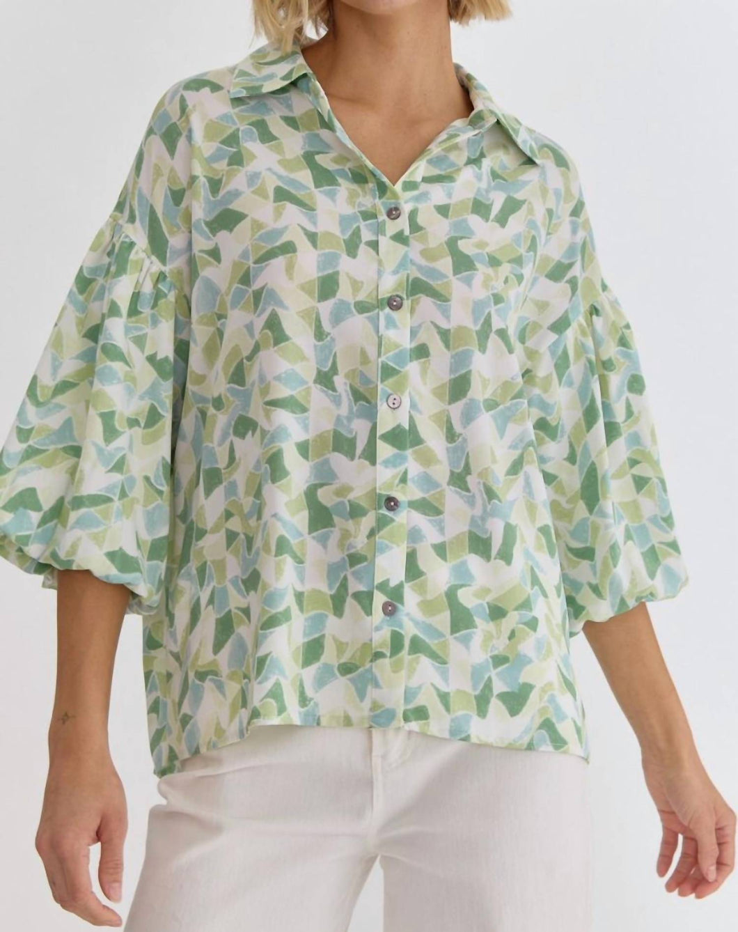 Printed Puff Sleeve Button Up Top