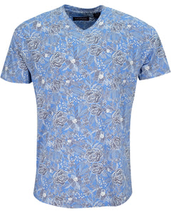 Maze Handcut Floral V Neck Tee - Blue