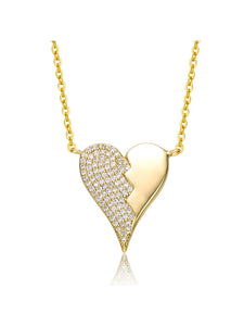 14k Yellow Gold Plated With Cubic Zirconia Broken Cracked Zig-Zag Half & Half Stolen Heart Pendant Necklace