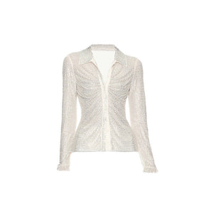 Women's Cream Rhinestone Mesh Top