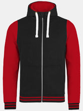 Load image into Gallery viewer, AWDis Just Hoods Adults Unisex Urban Varsity Full Zip Hoodie (Jet Black/Fire Red)