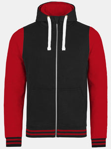 AWDis Just Hoods Adults Unisex Urban Varsity Full Zip Hoodie (Jet Black/Fire Red)