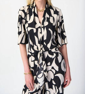 Abstract Print Woven Front Tie Blouse