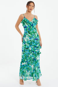 Chiffon Floral Frill Maxi Dress