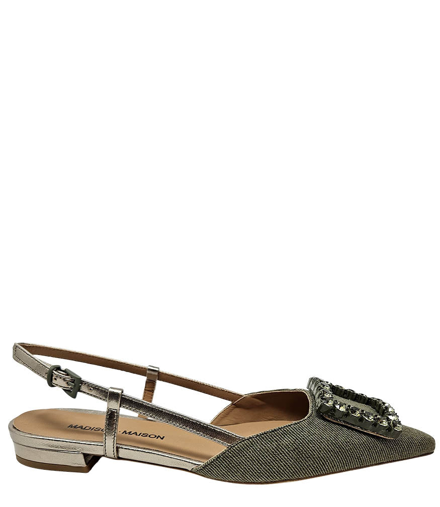 Khaki/Gold Sling Back Flat