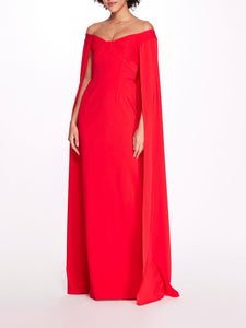 Off Shoulder Caped Column Gown - True Red