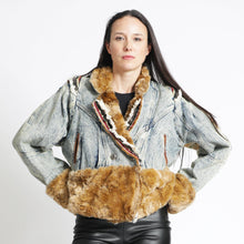 Load image into Gallery viewer, Faux Fur And Brocade Embellished Denim Jacket