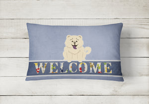 12 in x 16 in  Outdoor Throw Pillow Chow Chow White Welcome Canvas Fabric Decorative Pillow