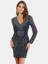 Load image into Gallery viewer, 29376 - Long Sleeve V Neck Navy Beaded Cocktail Dress