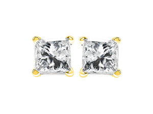 AGS Certified 2.00 Cttw Round Brilliant - Cut Near Colorless Diamond 14K Yellow Gold 6-Prong-Set Solitaire Stud Earrings With Screw Backs