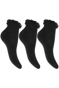 Childrens Girls Ruffled Trim School Socks (Pack Of 3) (Black)