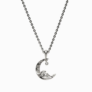 925 Sterling Silver Diamond Moon Wave Necklace