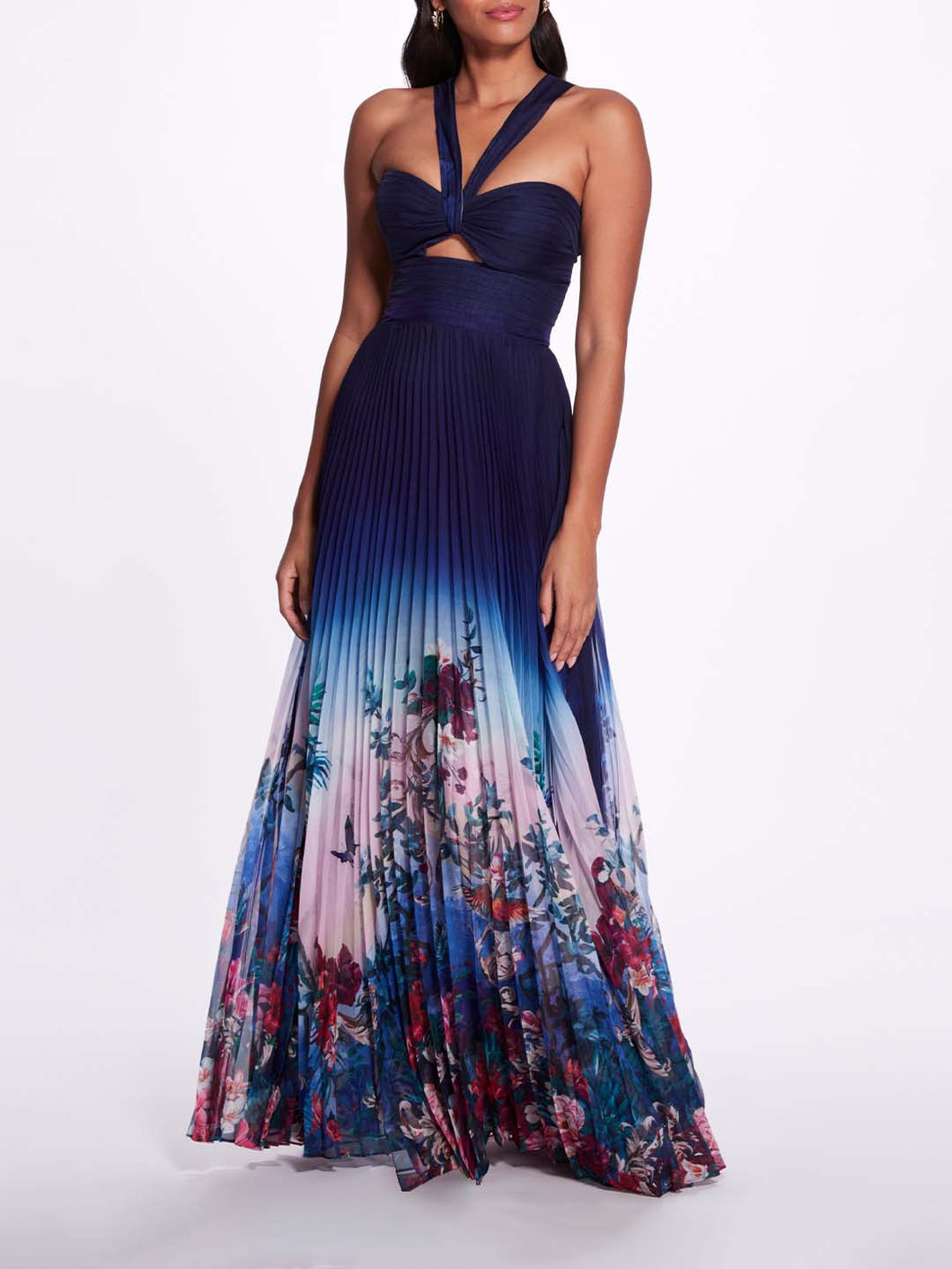 Halter Ombre Floral Gown - Navy