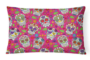 12 in x 16 in  Outdoor Throw Pillow Day of the Dead Pink Canvas Fabric Decorative Pillow