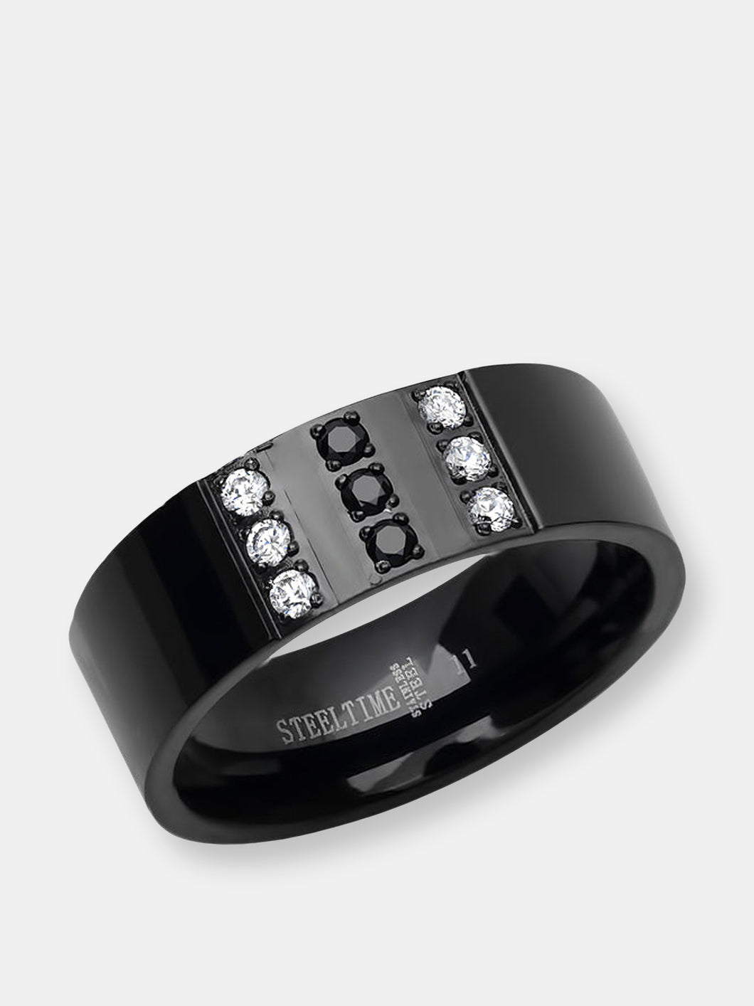 Black Ion Plated Ring Band With Simulated Diamonds