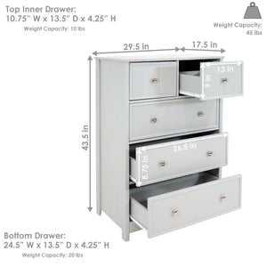 Beadboard Vertical Dresser with 5 Drawers - Gray - 43.5 in