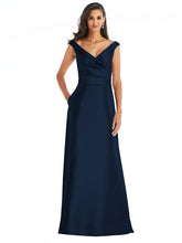 Load image into Gallery viewer, Off the Shoulder Draped Wrap Satin Maxi Dress