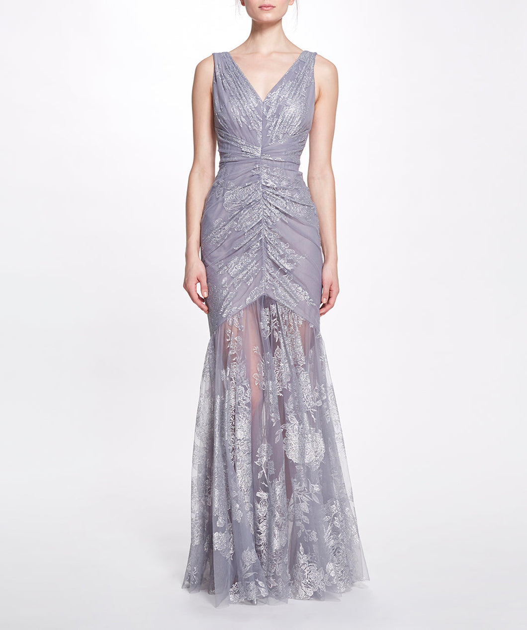 V-Neck Ruched Gown - Silver