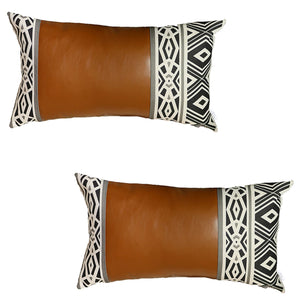 Boho Set of 2 Handcrafted Decorative Throw Pillow Cover Vegan Faux Leather Geometric For Couch, Bedding