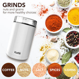 Kaffe Electric Coffee Grinder - 14 Cup (3.5oz) with Cleaning Brush. Easy On/Off - White