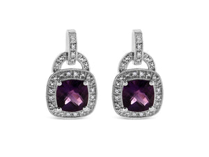 .925 Sterling Silver 8MM Natural Cushion Shaped Amethyst and Diamond Accent Halo with Push Back Dangle Earrings