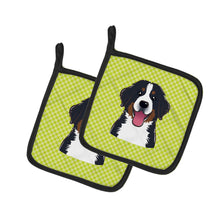 Load image into Gallery viewer, Checkerboard Lime Green Bernese Mountain Dog Pair of Pot Holders