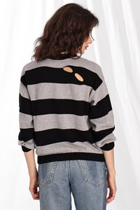 Cotton/Cashmere Striped Crew W/Cut-Outs Sweaters - Black/Ash Grey