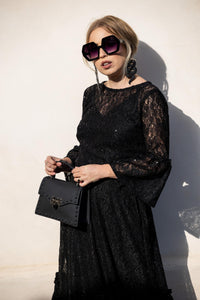 Black Sequin Lace Ruffle Dress