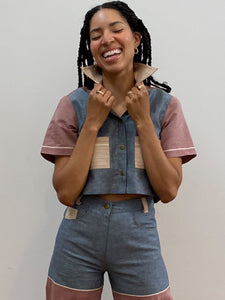 Color Block Cropped Button-Down Shirt