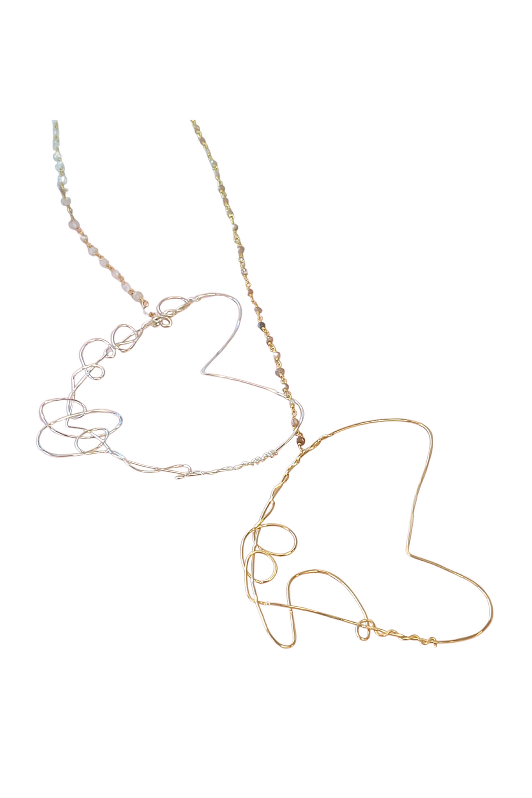 Lariat Necklace with Moonstone and Peach Moonstone Silver Gold Hearts