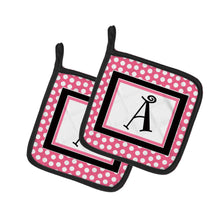 Load image into Gallery viewer, Letter A Monogram - Pink Black Polka Dots Pair of Pot Holders