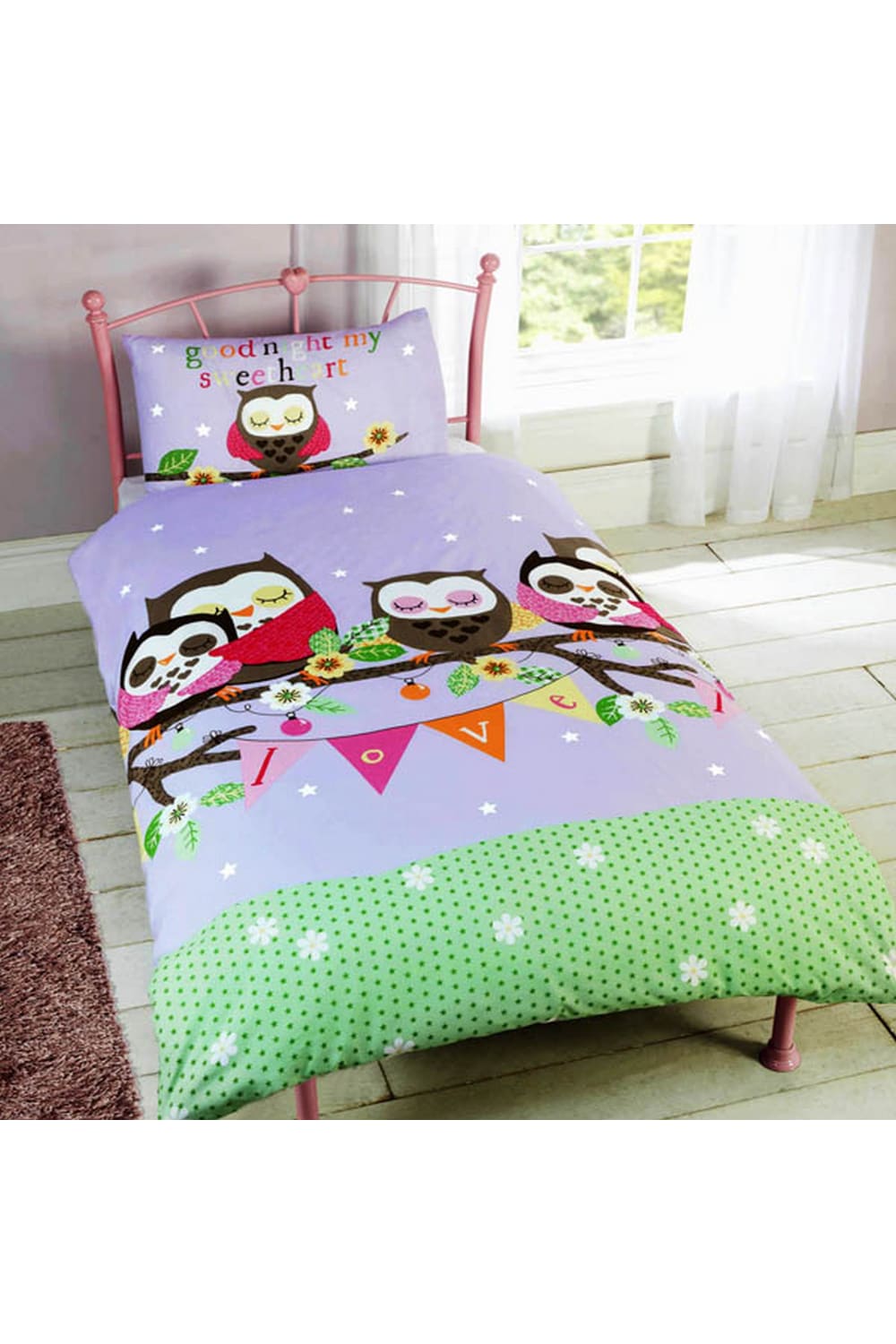 Childrens Girls Sleeping Owls Design Single/Twin Duvet/Bedding Set (Multicolored) (Twin) (UK - Single Bed)