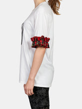 Load image into Gallery viewer, White Logo Tee with Plaid Ruffle