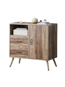 Rustic Storage Cabinet With 2 Drawers, Door, Shelf Accent, And Metal Base For Bedroom, Living Room, Entryway, And Home Office