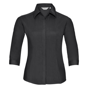 Russell Collection Ladies 3/4 Sleeve Poly-Cotton Easy Care Fitted Poplin Shirt (Black)