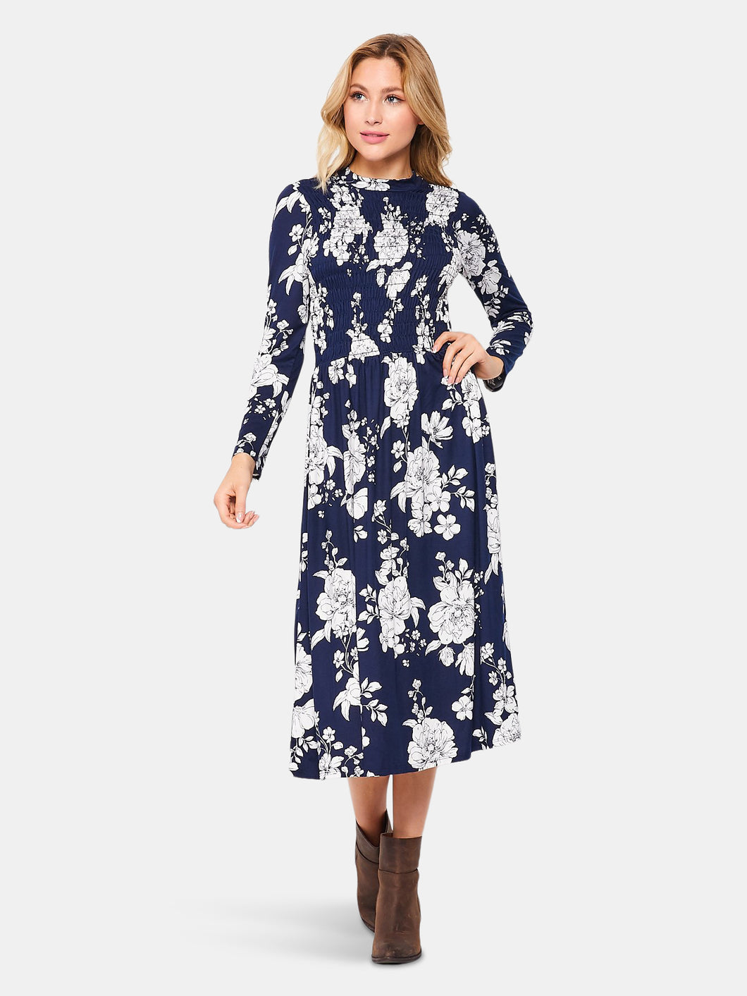 Long Sleeve Smock Front Midi Dress | Floral