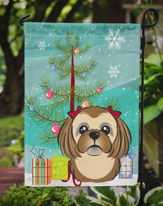 11" x 15 1/2" Polyester Christmas Tree And Chocolate Brown Shih Tzu Garden Flag 2-Sided 2-Ply