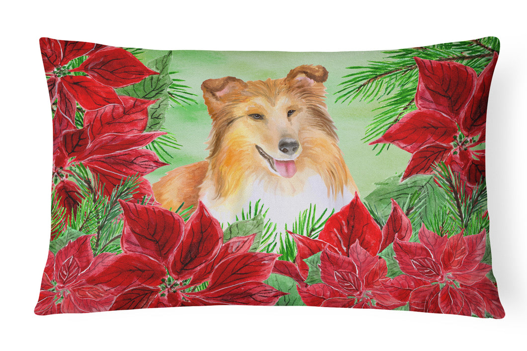 12 in x 16 in  Outdoor Throw Pillow Sheltie Poinsettas Canvas Fabric Decorative Pillow