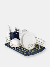 Load image into Gallery viewer, Michael Graves Design Deluxe Dish Rack with Gold Finish and Removable Utensil Holder, Navy Blue/Gold