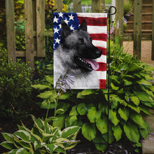 Load image into Gallery viewer, 11 x 15 1/2 in. Polyester Norwegian Elkhound Dog American Flag Garden Flag 2-Sided 2-Ply