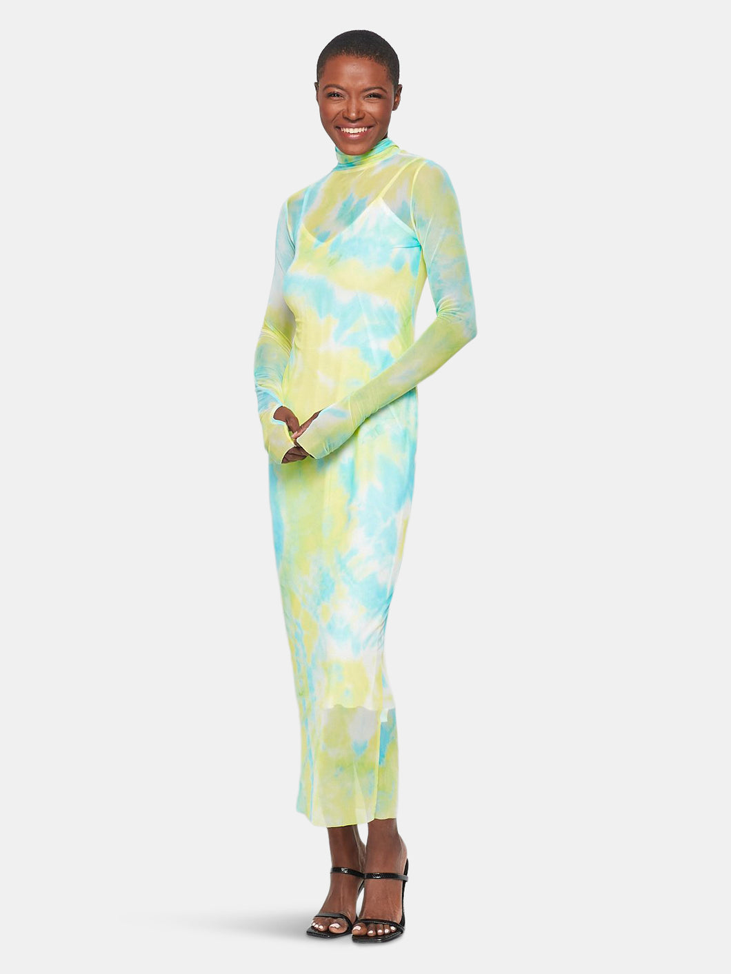 Hot Mesh Long Sleeve Midi Dress | Yellow Tie Dye