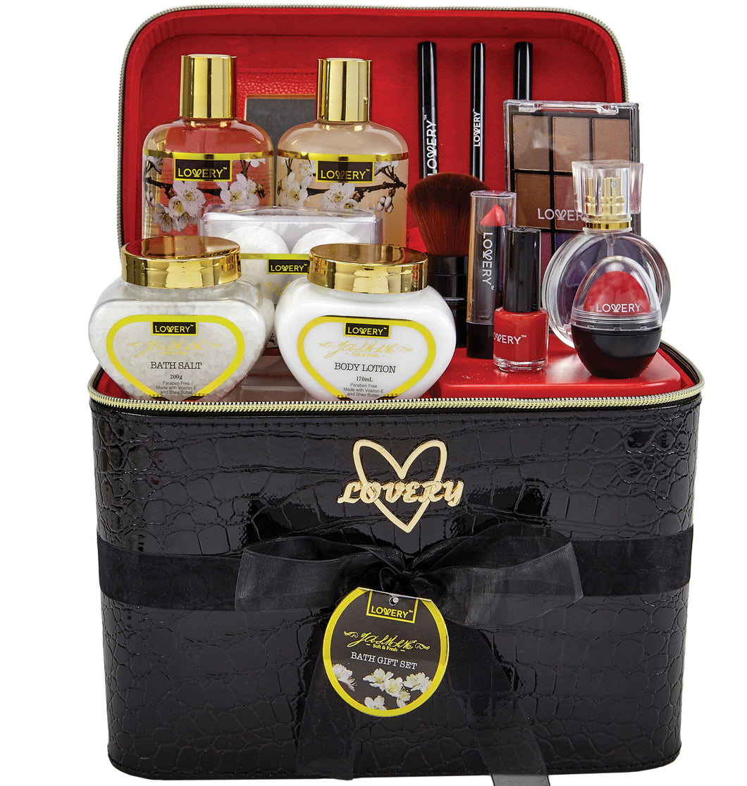 Lovery Premium Bath & Body Gift Basket - Jasmine Scent - Home Spa & Makeup Set - 30pc