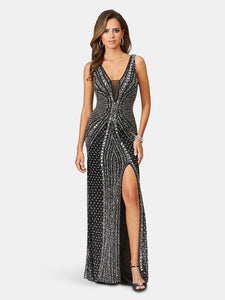29499 - Embellished Long Dress With Thigh High Slit