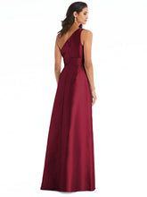Load image into Gallery viewer, Draped One-Shoulder Satin Maxi Dress With Pockets - D815