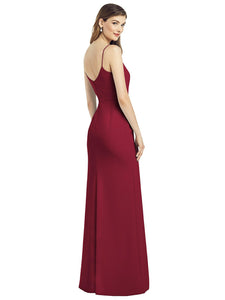 Spaghetti Strap V-Back Crepe Gown with Front Slit - 6822