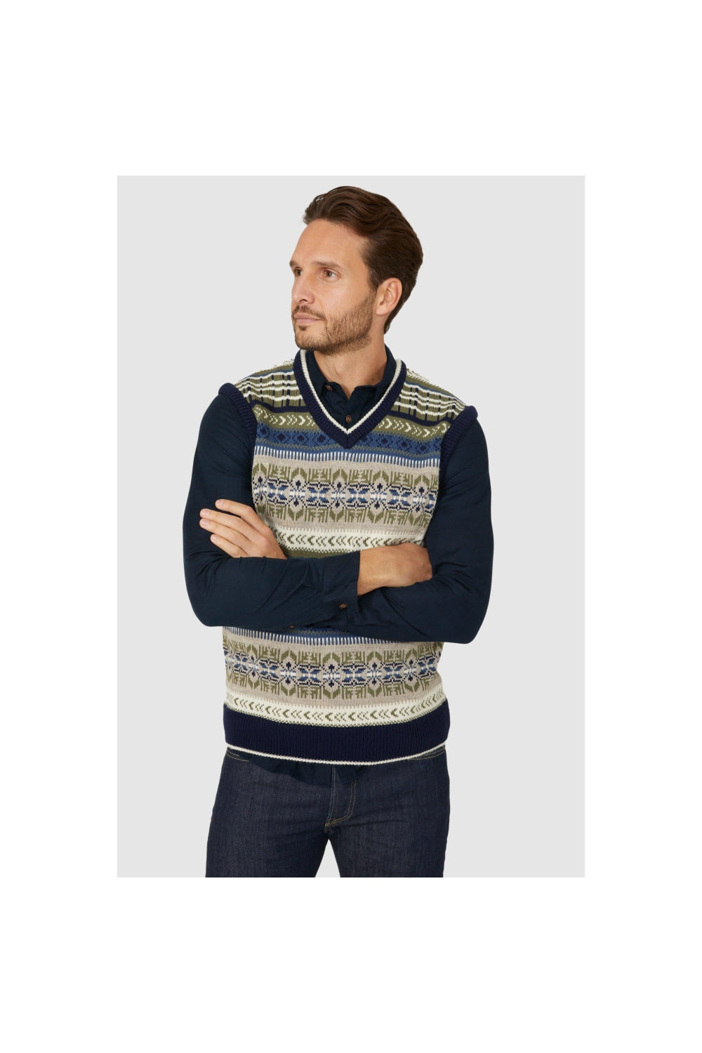 Mens Fair Isle Sleeveless Sweater - Khaki