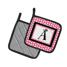 Load image into Gallery viewer, Letter A Monogram - Pink Black Polka Dots Pair of Pot Holders