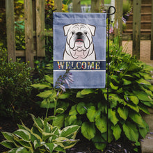 Load image into Gallery viewer, 11 x 15 1/2 in. Polyester White English Bulldog  Welcome Garden Flag 2-Sided 2-Ply